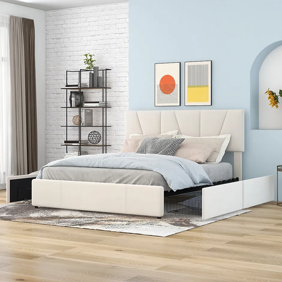 Okwish Lit avec rangement 140x200 cm - Lit rembourré avec tête de lit réglable et 4 tiroirs - Velours - Sans matelas - Beige