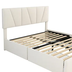 Okwish Lit avec rangement 140x200 cm - Lit rembourré avec tête de lit réglable et 4 tiroirs - Velours - Sans matelas - Beige