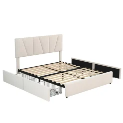 Okwish Lit avec rangement 140x200 cm - Lit rembourré avec tête de lit réglable et 4 tiroirs - Velours - Sans matelas - Beige