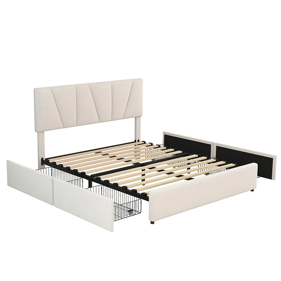 Okwish Lit avec rangement 140x200 cm - Lit rembourré avec tête de lit réglable et 4 tiroirs - Velours - Sans matelas - Beige
