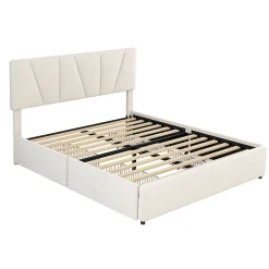 Okwish Lit avec rangement 140x200 cm - Lit rembourré avec tête de lit réglable et 4 tiroirs - Velours - Sans matelas - Beige
