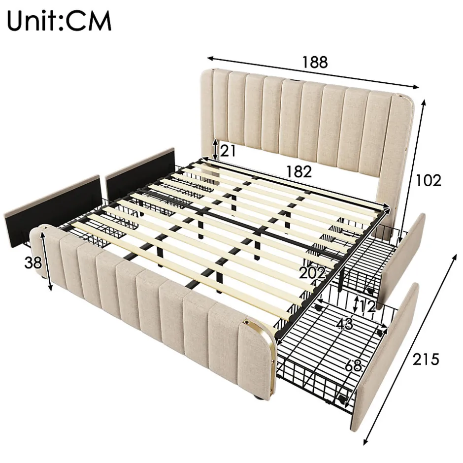 Okwish Lit avec rangement 180x200 cm - Lit double rembourré avec fonction USB Type-C et 4 tiroirs - Lin - Sans Matelas - Beige