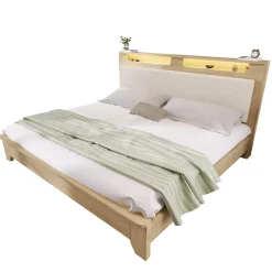 Okwish Lit avec Rangement 160x200 cm - Lit Double en Bois avec Velours Côtelé et LED - Sans Matelas - Chêne Clair et Beige Hot