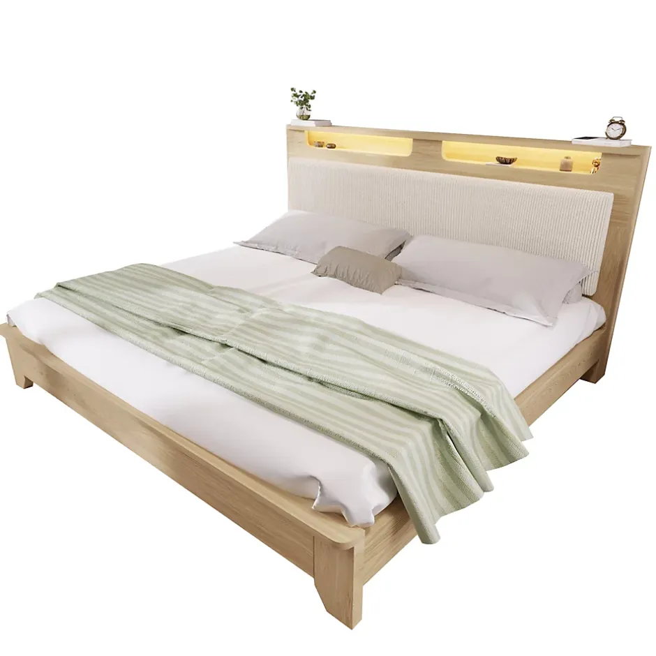 Okwish Lit avec Rangement 160x200 cm - Lit Double en Bois avec Velours Côtelé et LED - Sans Matelas - Chêne Clair et Beige Hot