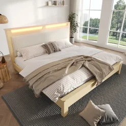 Okwish Lit avec Rangement 160x200 cm - Lit Double en Bois avec Velours Côtelé et LED - Sans Matelas - Chêne Clair et Beige Hot