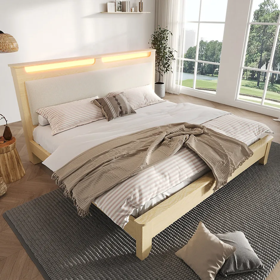 Okwish Lit avec Rangement 160x200 cm - Lit Double en Bois avec Velours Côtelé et LED - Sans Matelas - Chêne Clair et Beige Hot