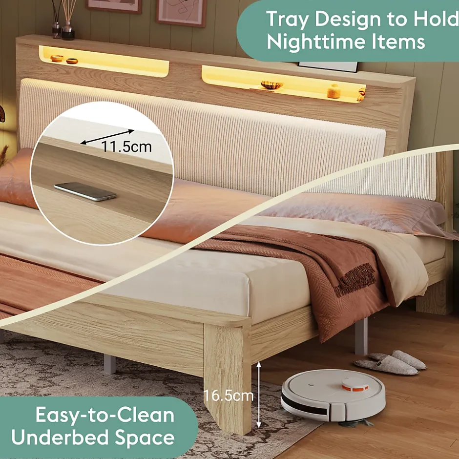 Okwish Lit avec Rangement 160x200 cm - Lit Double en Bois avec Velours Côtelé et LED - Sans Matelas - Chêne Clair et Beige Hot