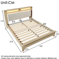Okwish Lit avec Rangement 160x200 cm - Lit Double en Bois avec Velours Côtelé et LED - Sans Matelas - Chêne Clair et Beige Hot