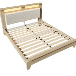 Okwish Lit avec Rangement 160x200 cm - Lit Double en Bois avec Velours Côtelé et LED - Sans Matelas - Chêne Clair et Beige Hot