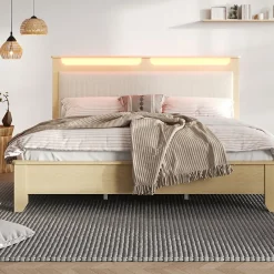 Okwish Lit avec Rangement 160x200 cm - Lit Double en Bois avec Velours Côtelé et LED - Sans Matelas - Chêne Clair et Beige Hot