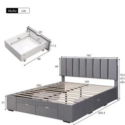 Okwish Lit avec rangement 160x200 cm - Lit Double Capitonné avec 4 Tiroirs - Velours - Sans Matelas - Gris Best