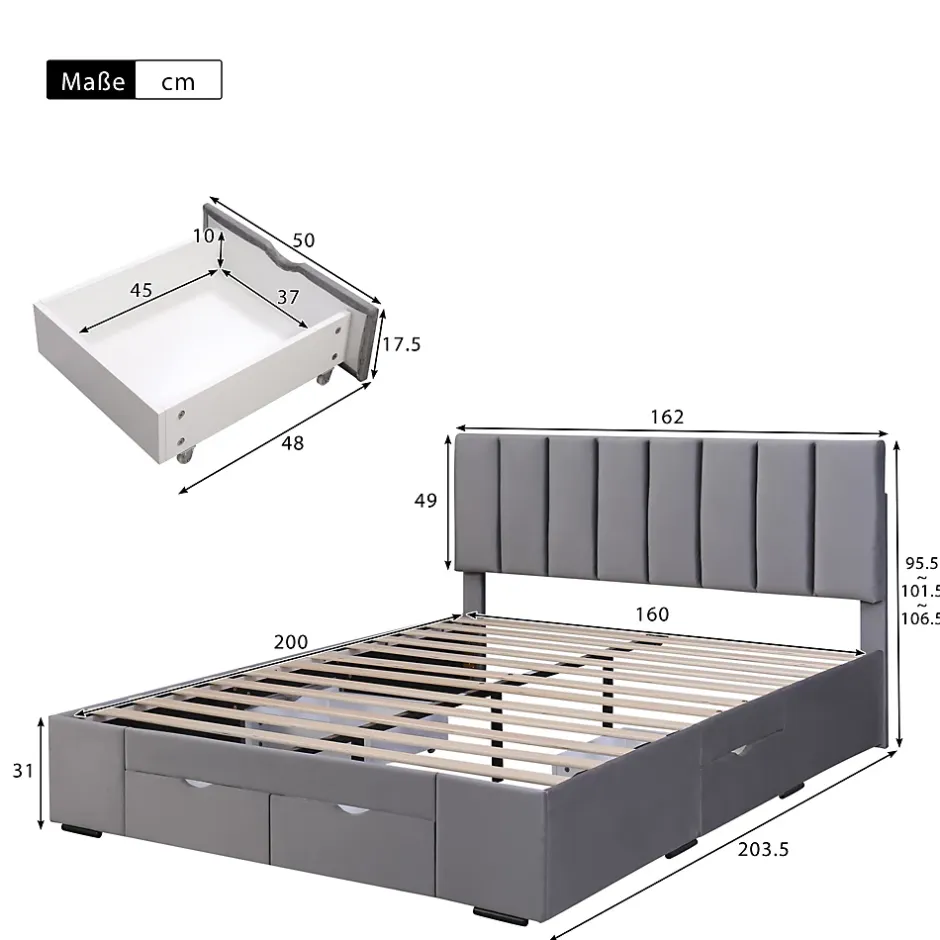 Okwish Lit avec rangement 160x200 cm - Lit Double Capitonné avec 4 Tiroirs - Velours - Sans Matelas - Gris Best