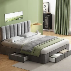 Okwish Lit avec rangement 160x200 cm - Lit Double Capitonné avec 4 Tiroirs - Velours - Sans Matelas - Gris Best