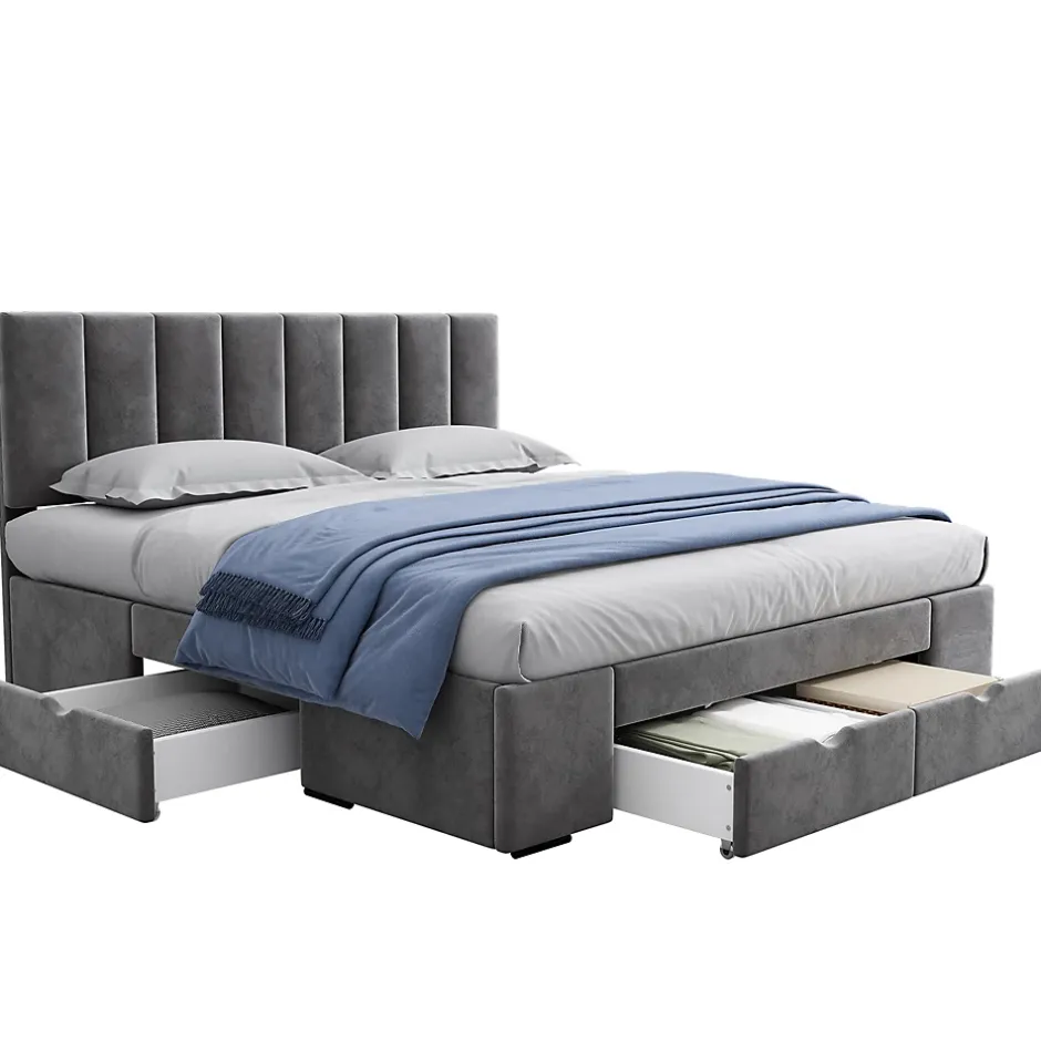 Okwish Lit avec rangement 160x200 cm - Lit Double Capitonné avec 4 Tiroirs - Velours - Sans Matelas - Gris Best