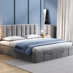 Okwish Lit avec rangement 160x200 cm - Lit Double Capitonné avec 4 Tiroirs - Velours - Sans Matelas - Gris Best