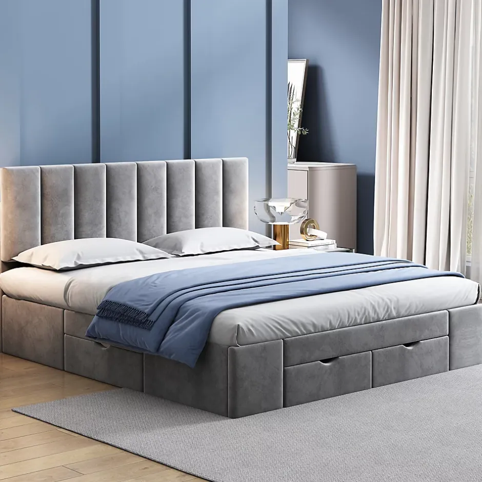 Okwish Lit avec rangement 160x200 cm - Lit Double Capitonné avec 4 Tiroirs - Velours - Sans Matelas - Gris Best