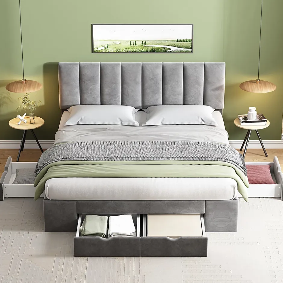 Okwish Lit avec rangement 160x200 cm - Lit Double Capitonné avec 4 Tiroirs - Velours - Sans Matelas - Gris Best