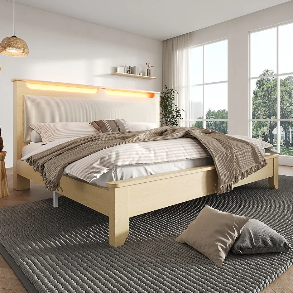 Okwish Lit avec Rangement 140x200 cm - Lit Double avec LED et Velours Côtelé, Sans Matelas - Beige et Chêne Clair