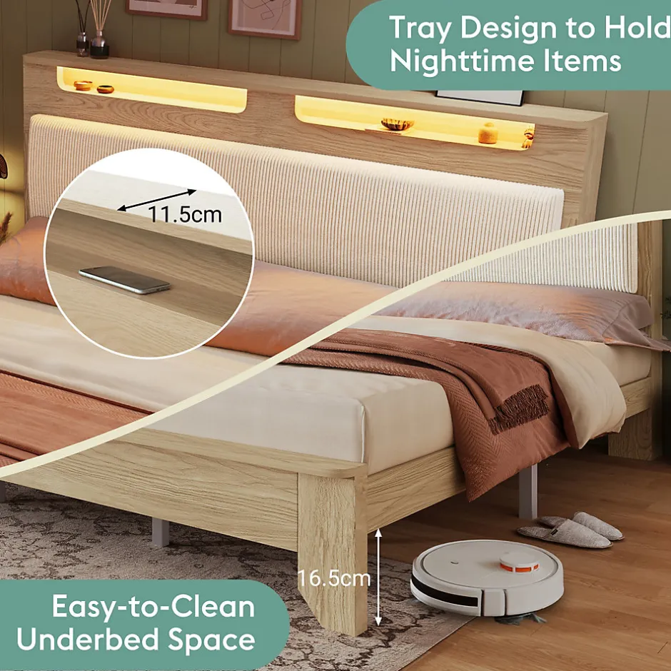Okwish Lit avec Rangement 140x200 cm - Lit Double avec LED et Velours Côtelé, Sans Matelas - Beige et Chêne Clair