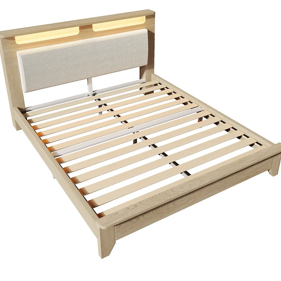Okwish Lit avec Rangement 140x200 cm - Lit Double avec LED et Velours Côtelé, Sans Matelas - Beige et Chêne Clair