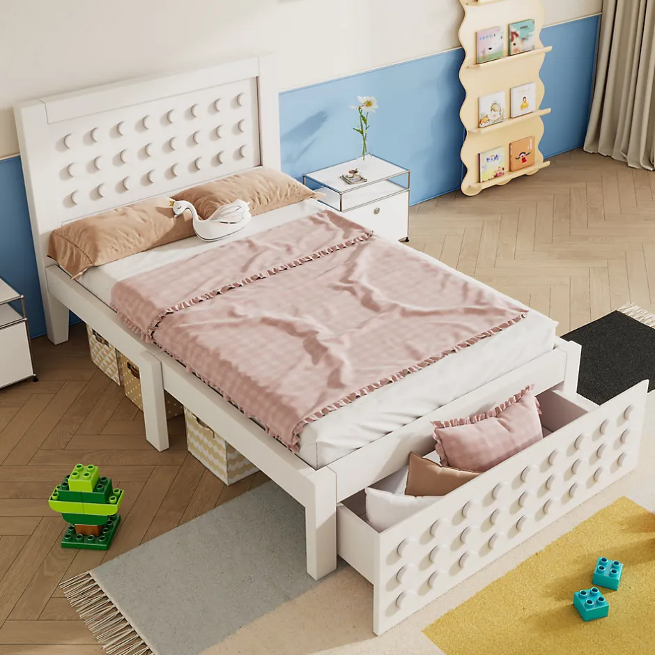 Okwish Lit avec rangement 90x200 cm - Lit simple avec tiroirs intégrés et design créatif - en MDF et bois massif - Blanc - Sans matelas