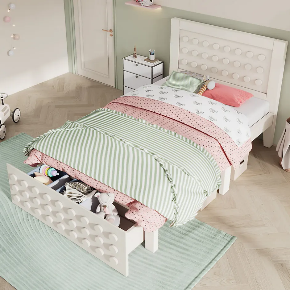 Okwish Lit avec rangement 90x200 cm - Lit simple avec tiroirs intégrés et design créatif - en MDF et bois massif - Blanc - Sans matelas