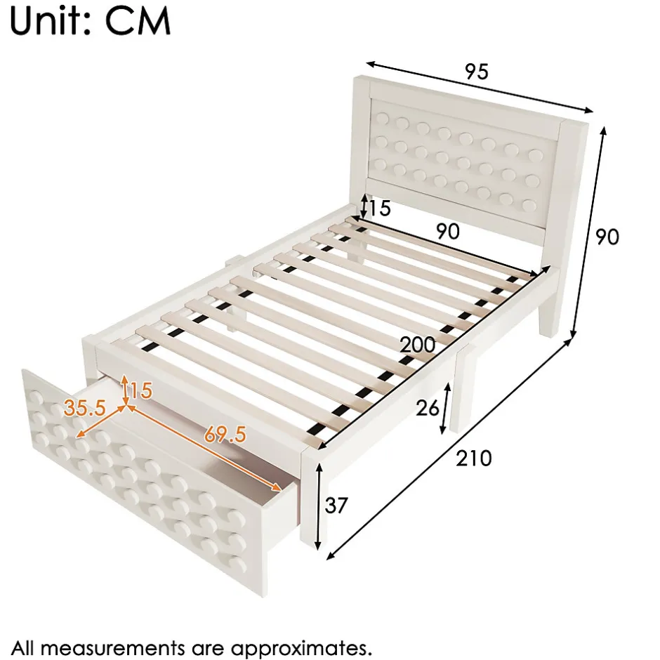 Okwish Lit avec rangement 90x200 cm - Lit simple avec tiroirs intégrés et design créatif - en MDF et bois massif - Blanc - Sans matelas