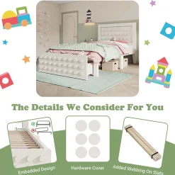 Okwish Lit avec rangement 90x200 cm - Lit simple avec tiroirs intégrés et design créatif - en MDF et bois massif - Blanc - Sans matelas