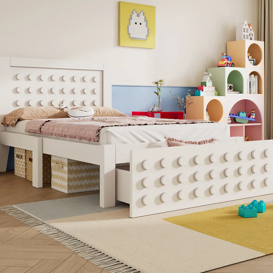 Okwish Lit avec rangement 90x200 cm - Lit simple avec tiroirs intégrés et design créatif - en MDF et bois massif - Blanc - Sans matelas