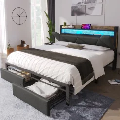 Okwish Lit avec rangement 160x200 cm - Lit double rembourré avec tiroirs et fonction de chargement USB - Lin - Sans Matelas - Gris