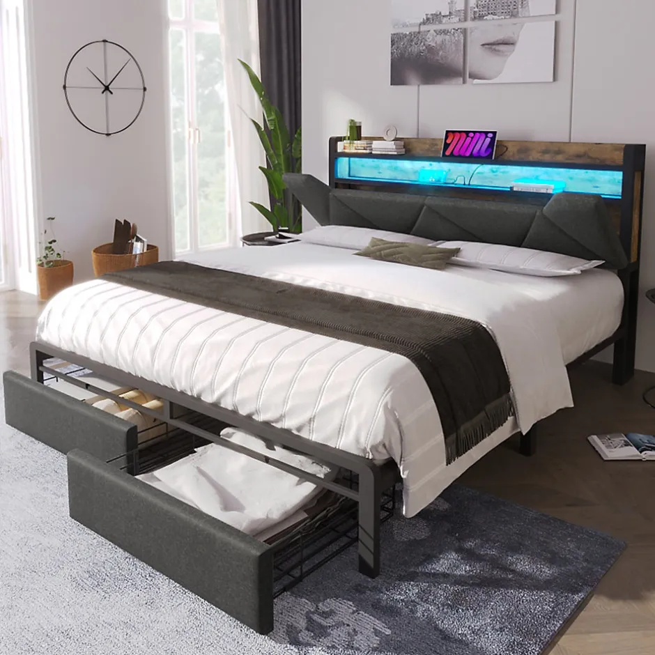 Okwish Lit avec rangement 160x200 cm - Lit double rembourré avec tiroirs et fonction de chargement USB - Lin - Sans Matelas - Gris