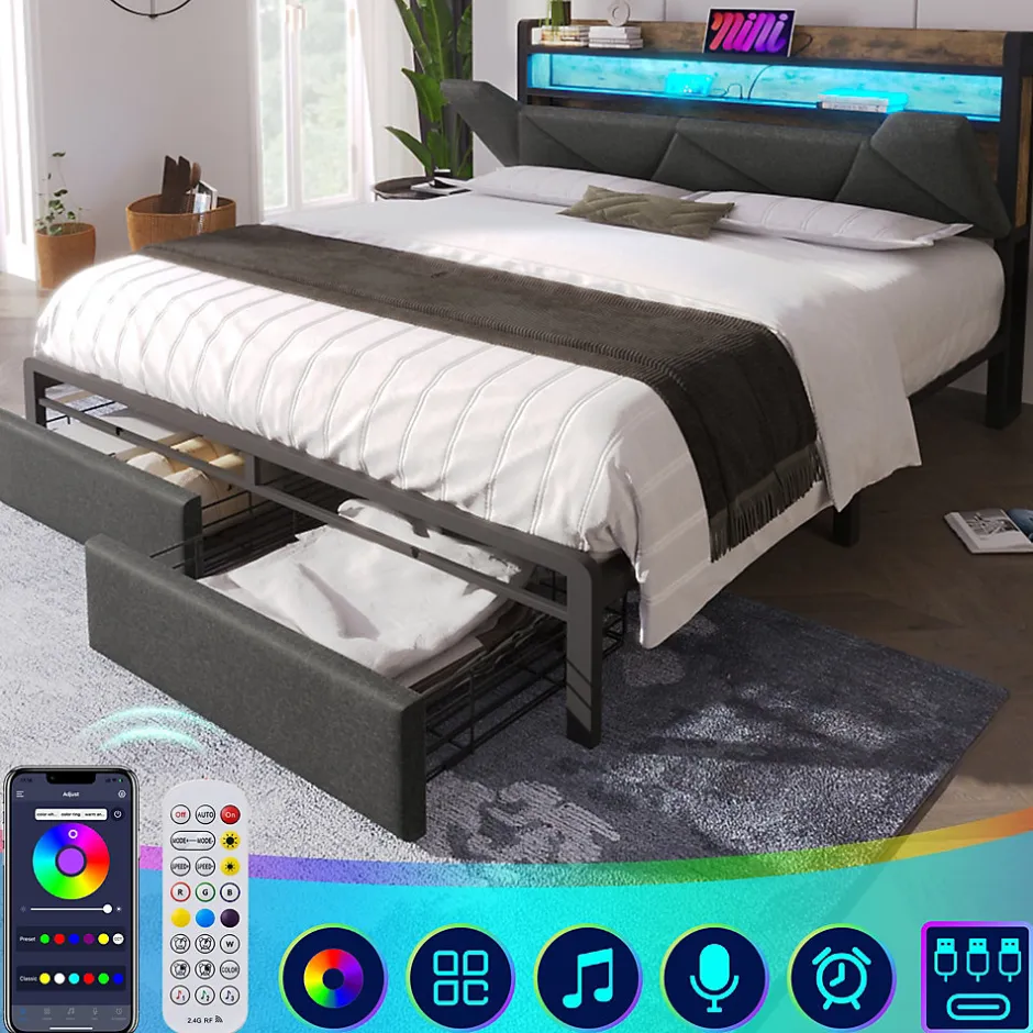 Okwish Lit avec rangement 160x200 cm - Lit double rembourré avec tiroirs et fonction de chargement USB - Lin - Sans Matelas - Gris