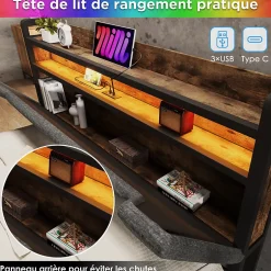 Okwish Lit avec rangement 160x200 cm - Lit double rembourré avec tiroirs et fonction de chargement USB - Lin - Sans Matelas - Gris