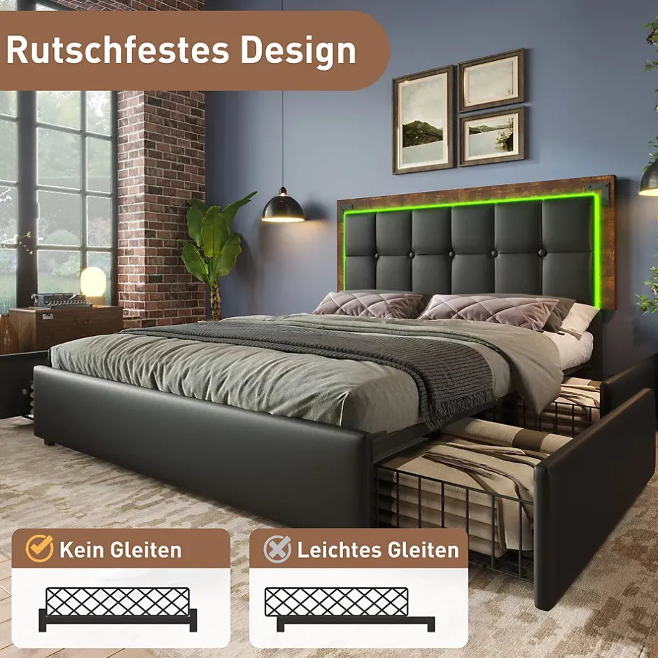Okwish Lit avec Rangement 140x200 cm - Lit Double Capitonné avec 4 Tiroirs, Bandeau LED et Tête Réglable, Sans Matelas, PU, Noir Hot