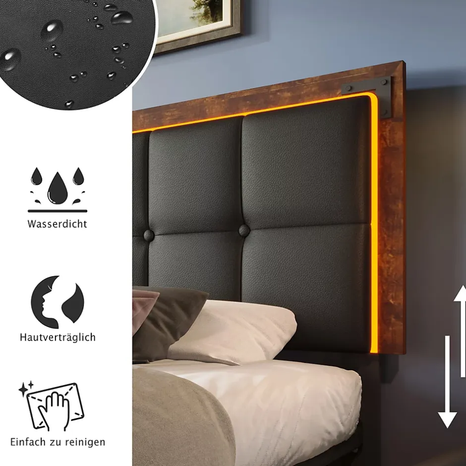 Okwish Lit avec Rangement 140x200 cm - Lit Double Capitonné avec 4 Tiroirs, Bandeau LED et Tête Réglable, Sans Matelas, PU, Noir Hot