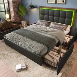 Okwish Lit avec Rangement 140x200 cm - Lit Double Capitonné avec 4 Tiroirs, Bandeau LED et Tête Réglable, Sans Matelas, PU, Noir Hot