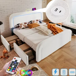 Okwish Lit avec rangement 140x200 cm - Lit double rembourré avec 4 tiroirs et fonction de chargement USB - Sherpa - Sans Matelas - Blanc