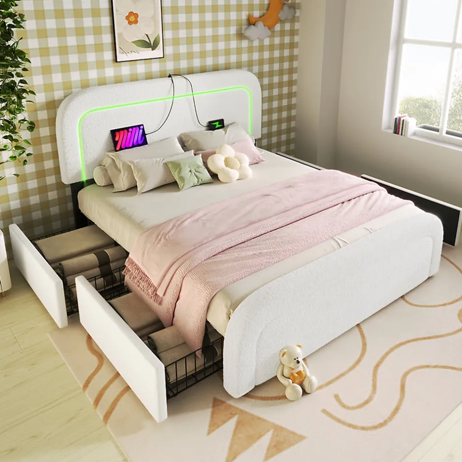 Okwish Lit avec rangement 140x200 cm - Lit double rembourré avec 4 tiroirs et fonction de chargement USB - Sherpa - Sans Matelas - Blanc