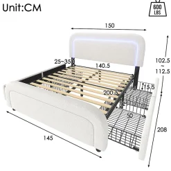 Okwish Lit avec rangement 140x200 cm - Lit double rembourré avec 4 tiroirs et fonction de chargement USB - Sherpa - Sans Matelas - Blanc