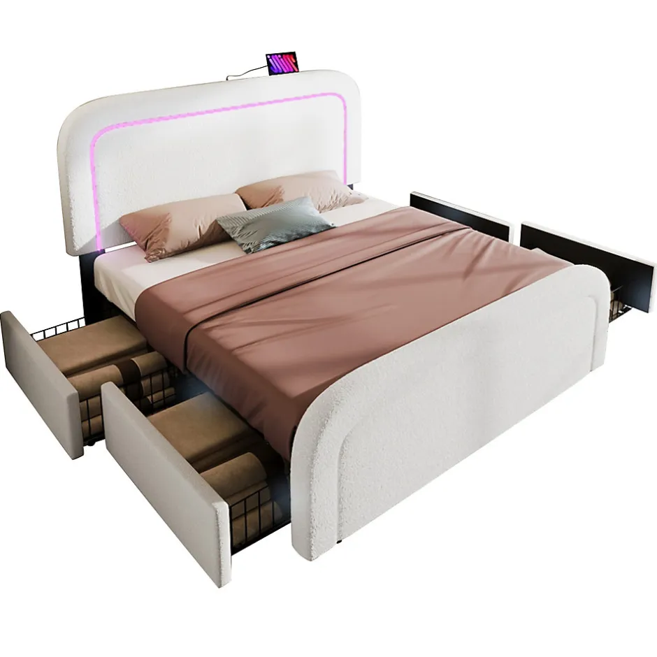 Okwish Lit avec rangement 140x200 cm - Lit double rembourré avec 4 tiroirs et fonction de chargement USB - Sherpa - Sans Matelas - Blanc