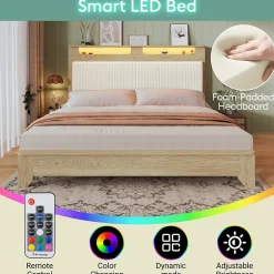 Okwish Lit avec Rangement 160x200 cm - Lit Double avec Matelas Inclus, LED et Tête de Lit Corduroy, Chêne Clair et Beige