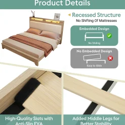 Okwish Lit avec Rangement 160x200 cm - Lit Double avec Matelas Inclus, LED et Tête de Lit Corduroy, Chêne Clair et Beige