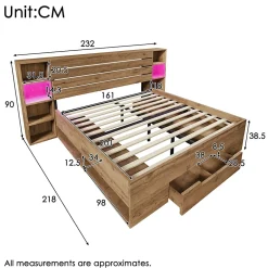Okwish Lit avec rangement 160x200 cm - Lit double avec tête de lit LED et USB - Bois Massif - Sans Matelas - Chêne Hot