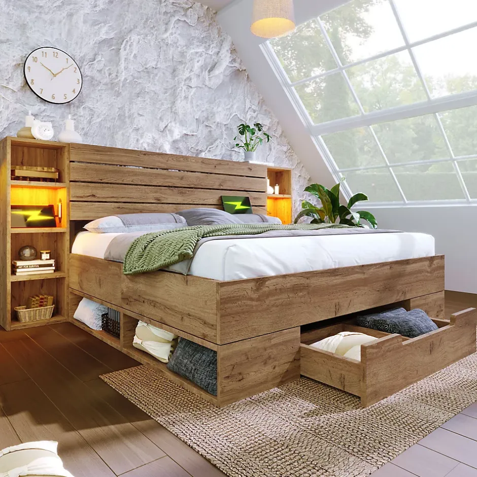 Okwish Lit avec rangement 160x200 cm - Lit double avec tête de lit LED et USB - Bois Massif - Sans Matelas - Chêne Hot