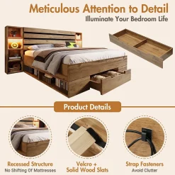 Okwish Lit avec rangement 160x200 cm - Lit double avec tête de lit LED et USB - Bois Massif - Sans Matelas - Chêne Hot