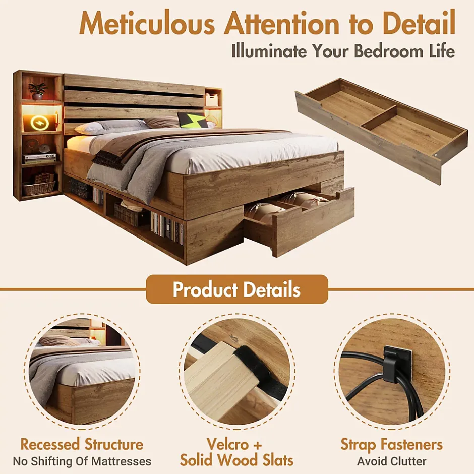 Okwish Lit avec rangement 160x200 cm - Lit double avec tête de lit LED et USB - Bois Massif - Sans Matelas - Chêne Hot