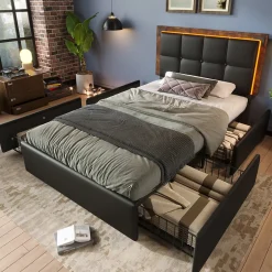 Okwish Lit avec Rangement 90x200 cm - Lit Simple Capitonné avec 4 Tiroirs, Bandeau LED et Tête Réglable, Sans Matelas, PU, Noir