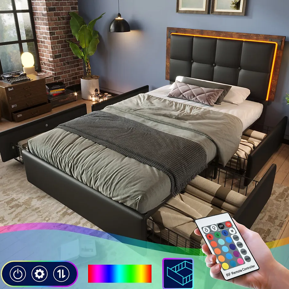 Okwish Lit avec Rangement 90x200 cm - Lit Simple Capitonné avec 4 Tiroirs, Bandeau LED et Tête Réglable, Sans Matelas, PU, Noir
