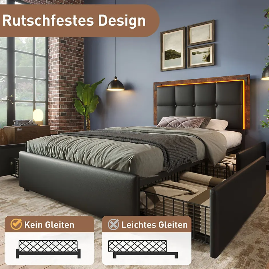 Okwish Lit avec Rangement 90x200 cm - Lit Simple Capitonné avec 4 Tiroirs, Bandeau LED et Tête Réglable, Sans Matelas, PU, Noir