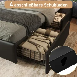 Okwish Lit avec Rangement 90x200 cm - Lit Simple Capitonné avec 4 Tiroirs, Bandeau LED et Tête Réglable, Sans Matelas, PU, Noir